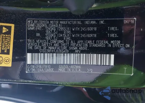 2018 Toyota Highlander Le z USA, uszkodzony, nr VIN 5TDZZRFH1JS265409